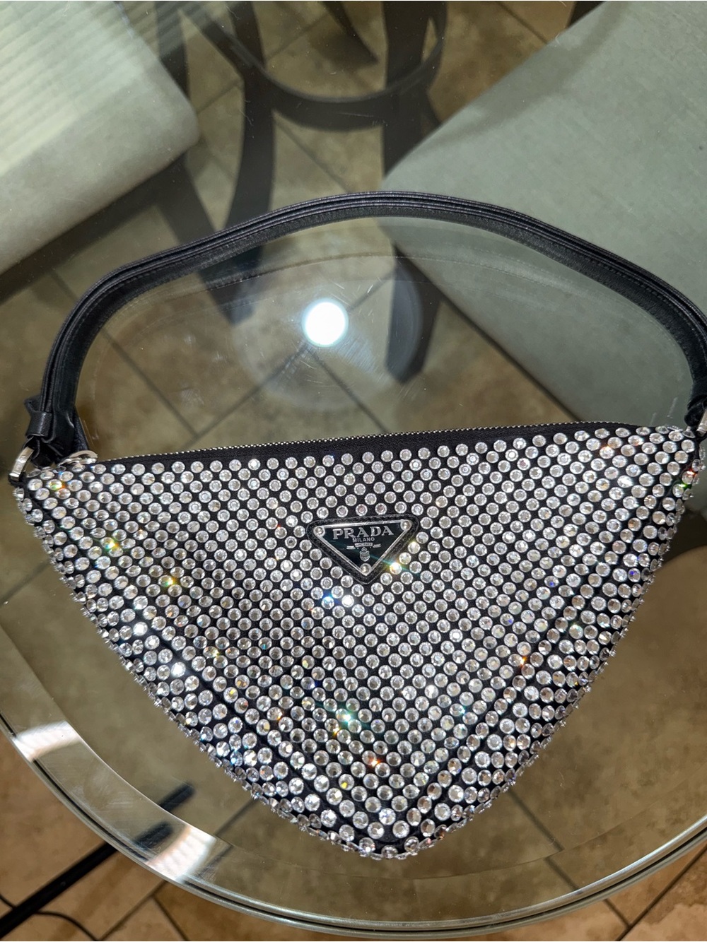 Prada Crystal-Embellished Black Triangle Shoulder Bag